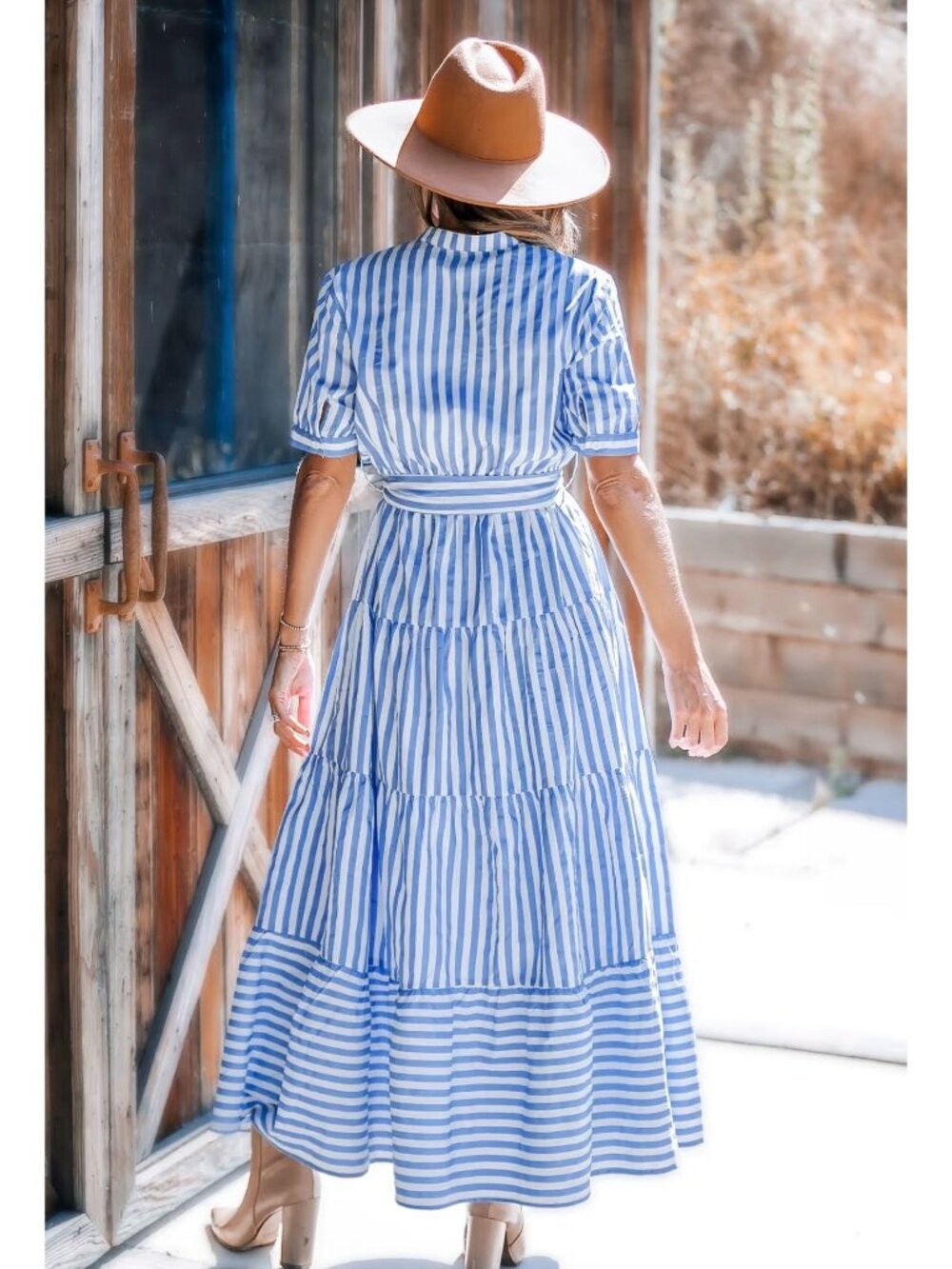 NWT Cupshe Blue Striped Puff Sleeve Front Button Maxi Dress - Size: Small - Picture 10 of 13